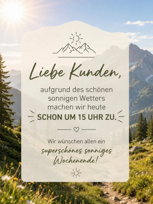 ☀️ 27.06.2026 ☀️

Aufgrund des traumhaften Sommerwetters schließen wir heute bereits um 15:00 Uhr.

Wir wünschen euch ein sonniges, aktives und erholsames Wochenende in der Natur! 🏔️🌿☀️

Euer Team vom Schädlich 

#aschaffenburg #outdoor #trekking #campinglife