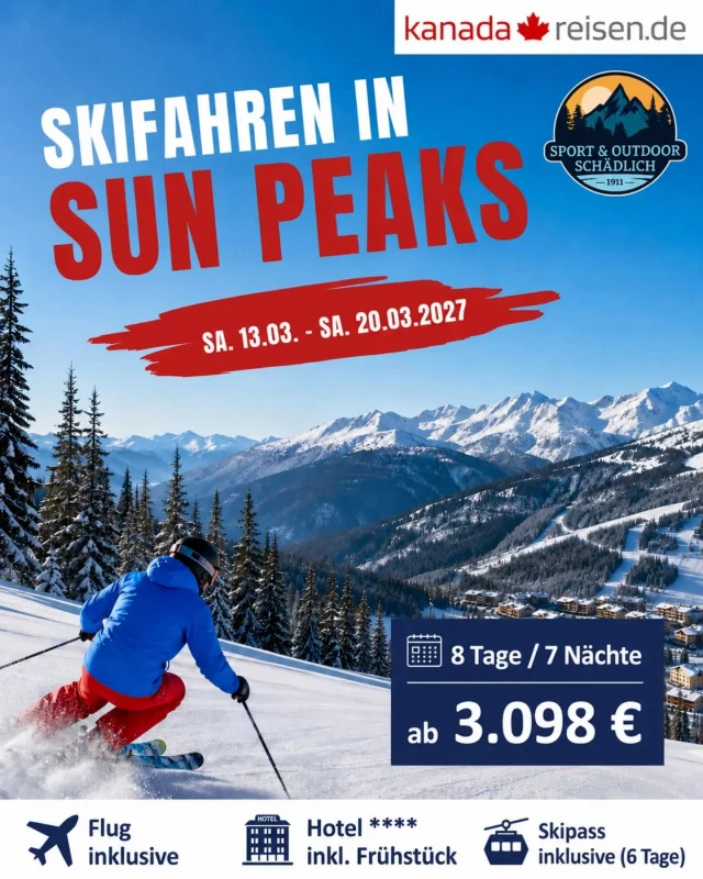 Kanada ruft! 🇨🇦❄️🏔️

Eine Woche voller Schnee, traumhafter Pisten, unvergesslicher Momente und ganz viel Spaß in Sun Peaks – bist du dabei? 🎿✨

Ob mit Freunden, Familie oder einfach mit Lust auf ein ganz besonderes Skiabenteuer: Diese Reise verbindet kanadisches Winterfeeling mit perfektem Skivergnügen.

Du hast Fragen zur Reise? Meld dich jederzeit gerne telefonisch bei uns und lass dir am besten Herrn Marco Schwarzkopf geben – er ist selbst mit dabei und hat alle Infos zur Reise parat. 😊

Natürlich kannst du uns auch jederzeit per E-Mail kontaktieren. 📧 marco.schwarzkopf@sport-schaedlich.de

Kanada. Ski. Abenteuer. Wir sehen uns in Sun Peaks! 🇨🇦🎿

#winter #aschaffenburg #skisport #snowday